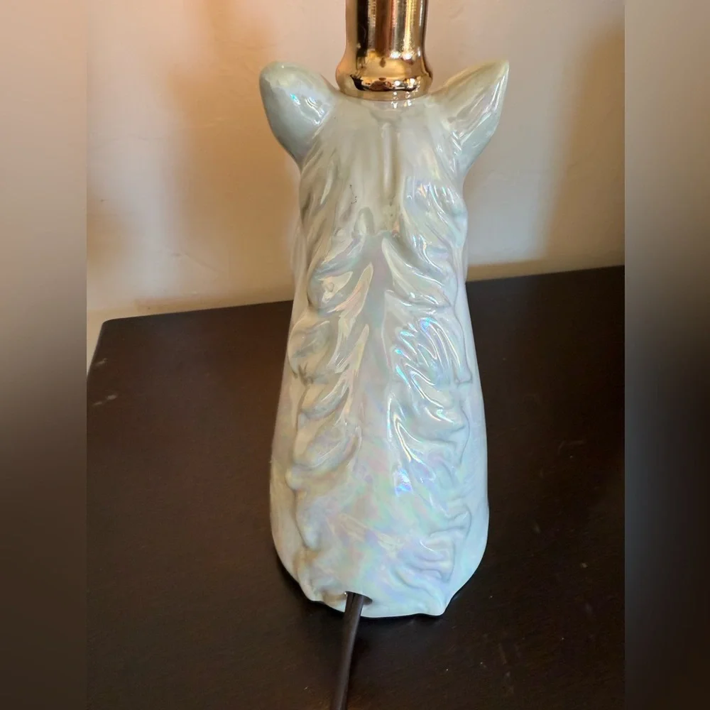 Gold White Unicorn‎ Table Lamp Estate Iridescent ~11” T